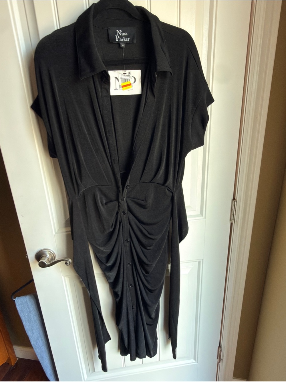 Nina Parker Black Ruched Button-Front Midi Dress